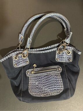 Kathy Van Zeeland Navy Tote with Croc-Trim and Silver Hardware